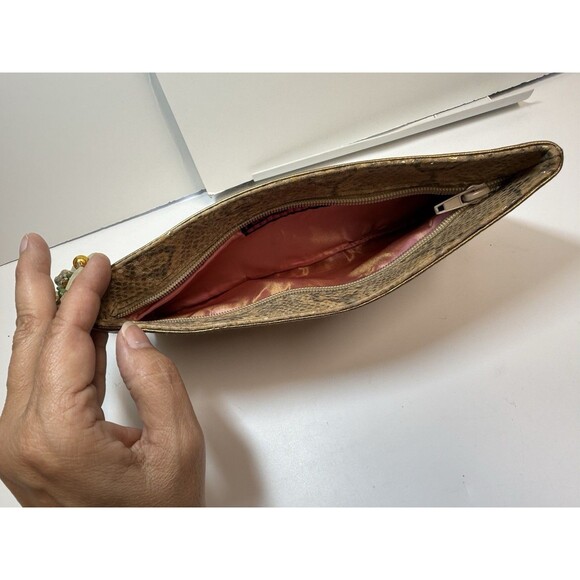 Rachel Abroms Matallic Gold Snakeskin Leather Beaded Handle Wristlet Bag - Picture 4 of 9